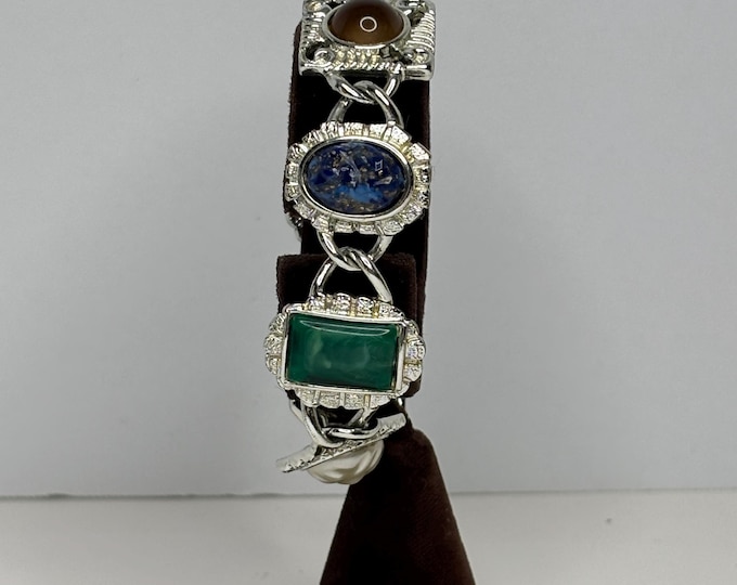 Vintage 1961 Sarah Coventry ‘Happy Holiday’ Faux Acrylic Stone Silver Tone Panel Bracelet Size 7 D-8-28