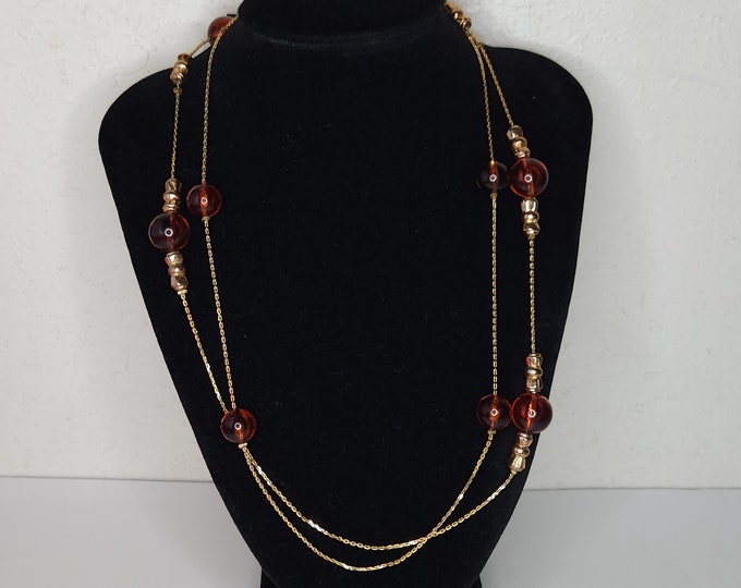 Vintage Two Strand Gold Tone Chain Necklace with Brown Speckled Round Plastic Beads D-3-8