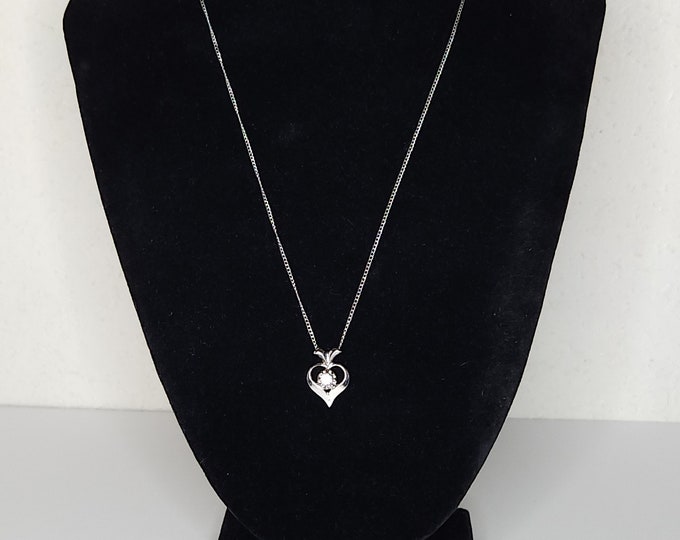 Vintage 925 Sterling Silver Marked Heart Pendant Necklace with CZ Cubic Zirconia B-1-84