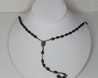 Vintage Rosary with Dark Wooden Bead and Black and Silver Tone Cross C-3-60