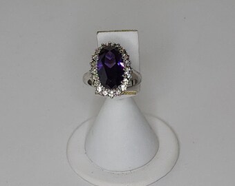 Costume Amethyst Glass and Silver Tone Size 9.25 Ring C-4-6