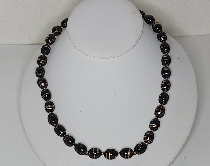 Vintage Black Plastic Beaded Necklace with Gold Tone Striping C-5-84