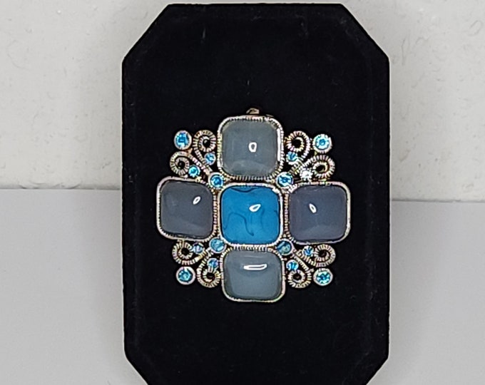 Blue Glass Stone and Faux Turquoise Silver Tone Brooch Pin / Pendant C-7-63