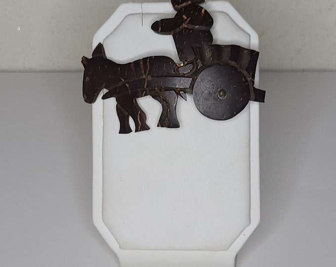 Vintage Coconut Shell Man on Cart with Donkey/Burro Brooch Pin B-9-27