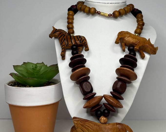 Vintage Carved Wood Safari African Animals- Lion, Rhino, and Zebra with Wood, Stone, and Gold Tone Beads, Barrel Clasp 27” D-7-59