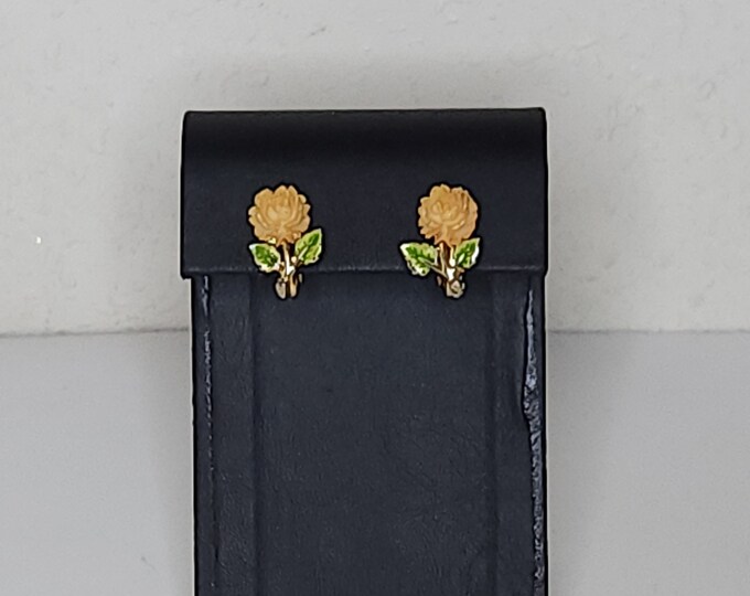 Vintage Gold Tone, Green Enamel, and Peach Carved Flower Clip-On Earrings C-7-17