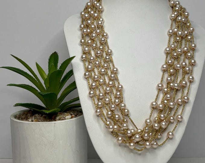Vintage Faux Pearl Gold Thread Gold Tone 18-21” 8 Strand Necklace D-8-80