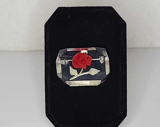 Vintage Intaglio Lucite Reverse Carved Rose Brooch Pin C-1-15