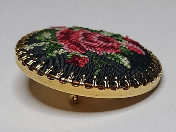 Vintage Petit Point Needlepoint Rose in Gold Tone… - image 5