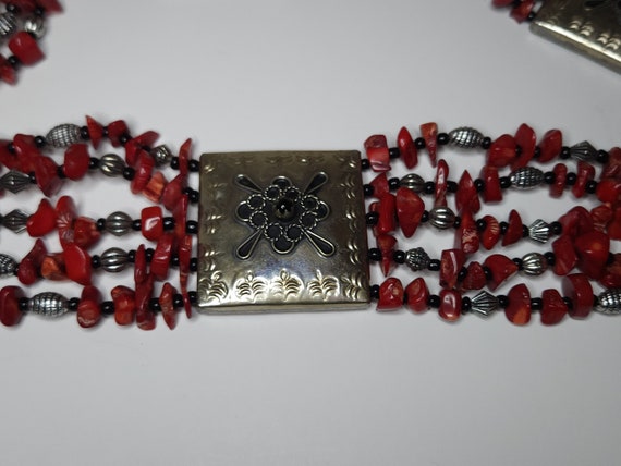 Vintage Silver Tone, Real Coral and Onyx Bead 36-… - image 4