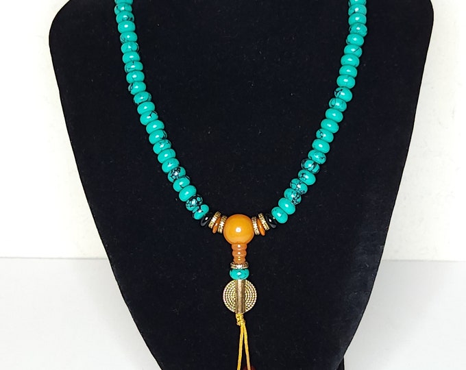 Vintage Faux Turquoise Beaded Necklace with Gold Tone Circle, Orange Plastic Bead, and Brown and Black Accent Beads B-5-84