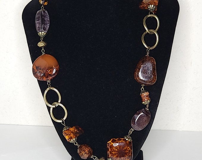 Vintage Gold Tone and Brown Plastic, Glass and Faux Stone Beaded Necklace C-3-54