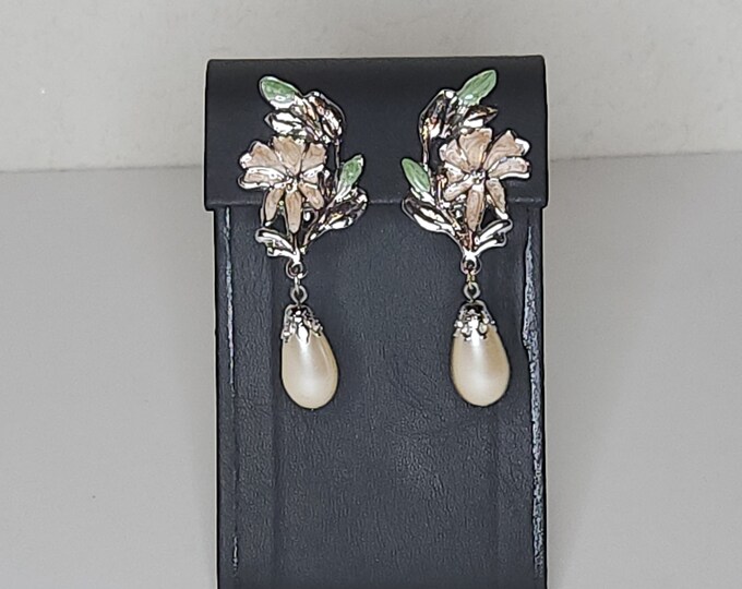 Vintage 1928 Brand Silver Tone and Peach Enamel Flower Clip-On Earrings with Teardrop Faux Pearl Dangles B-6-22