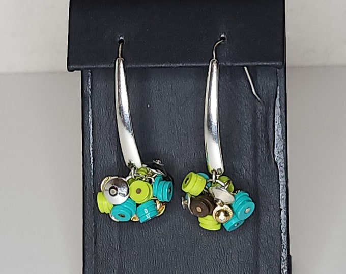 Vintage Kenneth Cole Signed Silver Tone Earrings with Aqua and Lime Green Bead Clusters B-2-3