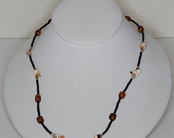 Vintage Shell Beaded Necklace with Black Rod Beads and Translucent Brown Plastic Beads B-5-30