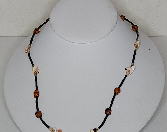 Vintage Shell Beaded Necklace with Black Rod Beads and Translucent Brown Plastic Beads B-5-30