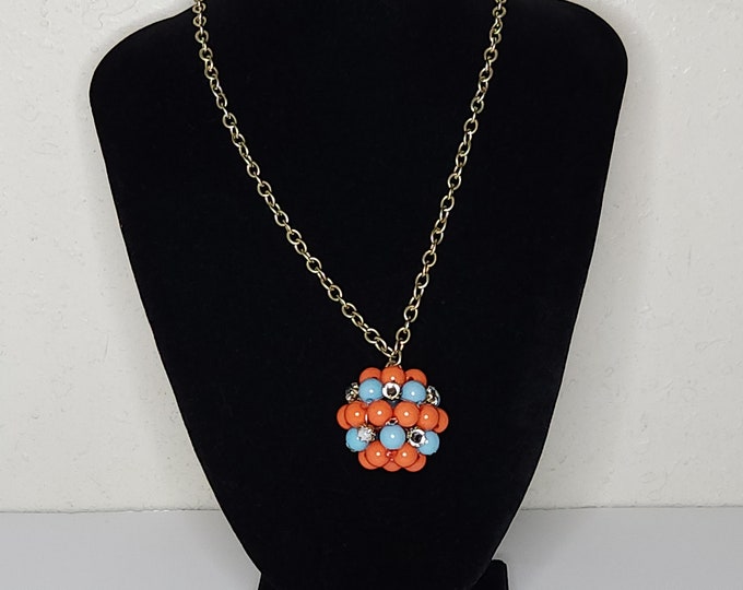 Vintage Coral Color, Blue and Clear Rhinestone Beaded Ball Pendant on Gold Tone Chain Necklace C-8-86