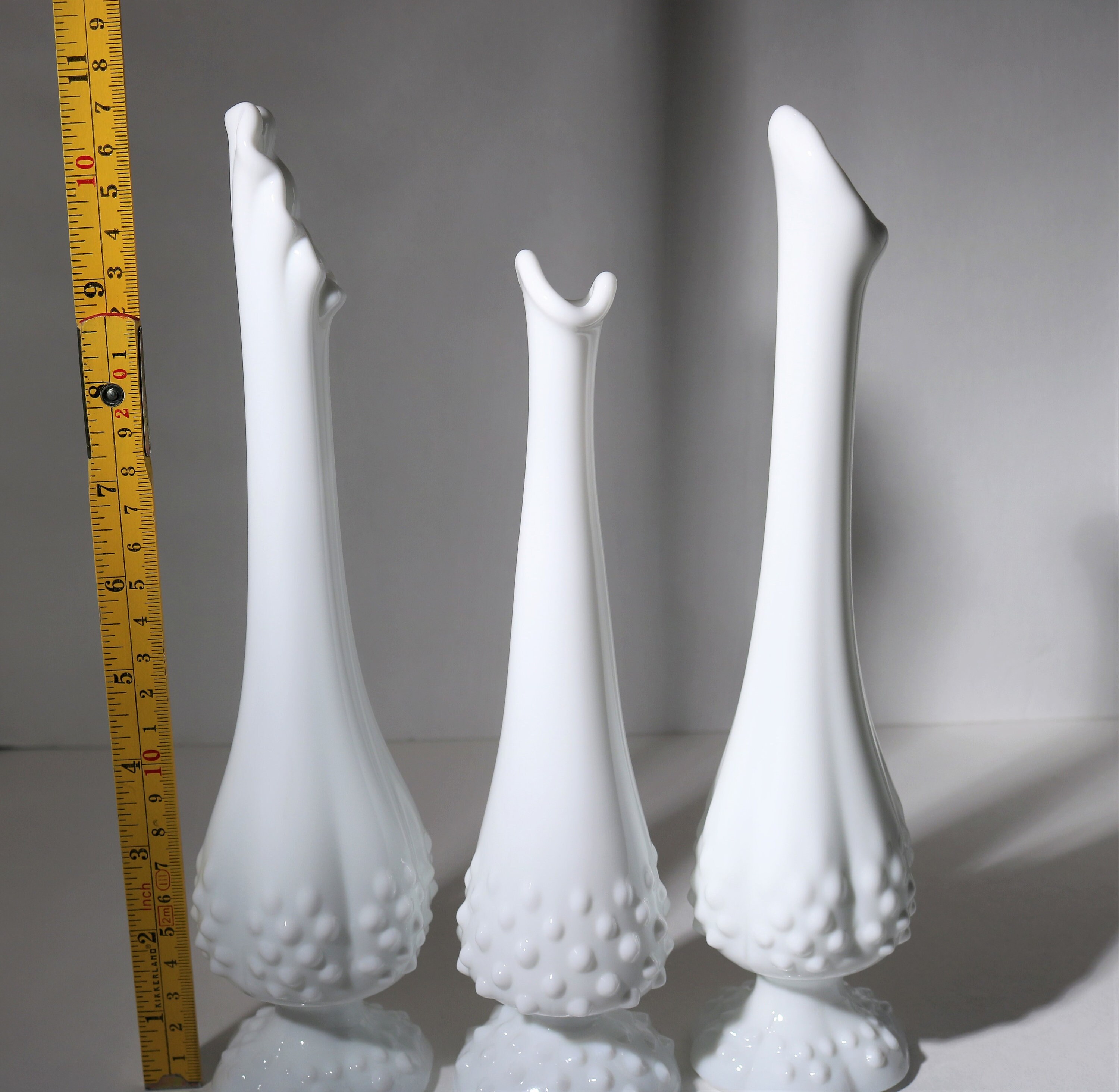 Vintage Fenton Hobnail Milk Glass Slung Vases Set of 2 and One Unmarked
