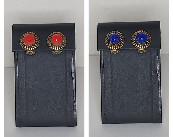 Very Vintage Made in Austria Marked Austrian Glass Two Pairs of Clip-On Earrings in Gold Tone, Red and Blue C-7-59
