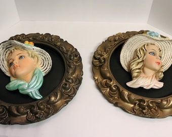 Vintage Set Michigan Composition & Lamp Co Ladies Wall Plaque Chalkware STUNNING