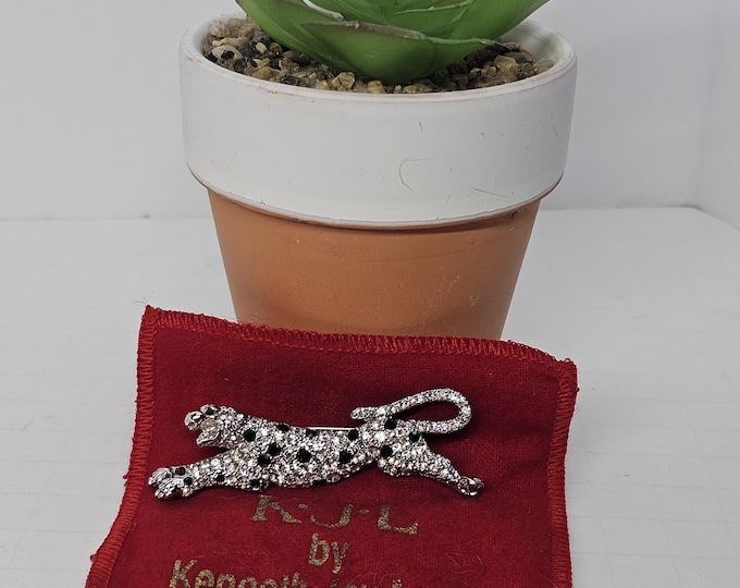 Vintage KJL Kenneth Jay Lane Silver Tone and Black Enamel Cheetah Leopard Brooch D-5-16