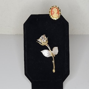 Vintage Gold Tone Cameo Stick Pin with Gold Tone and Silver Tone Flower Brooch Pin C-1-12