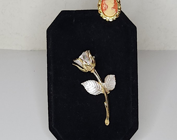 Vintage Gold Tone Cameo Stick Pin with Gold Tone and Silver Tone Flower Brooch Pin C-1-12