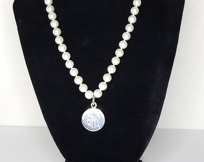 Vintage Morgan Mexico 925 Sterling Silver Marked STH Monogram Pendant with Glass Pearls Necklace B-1-90