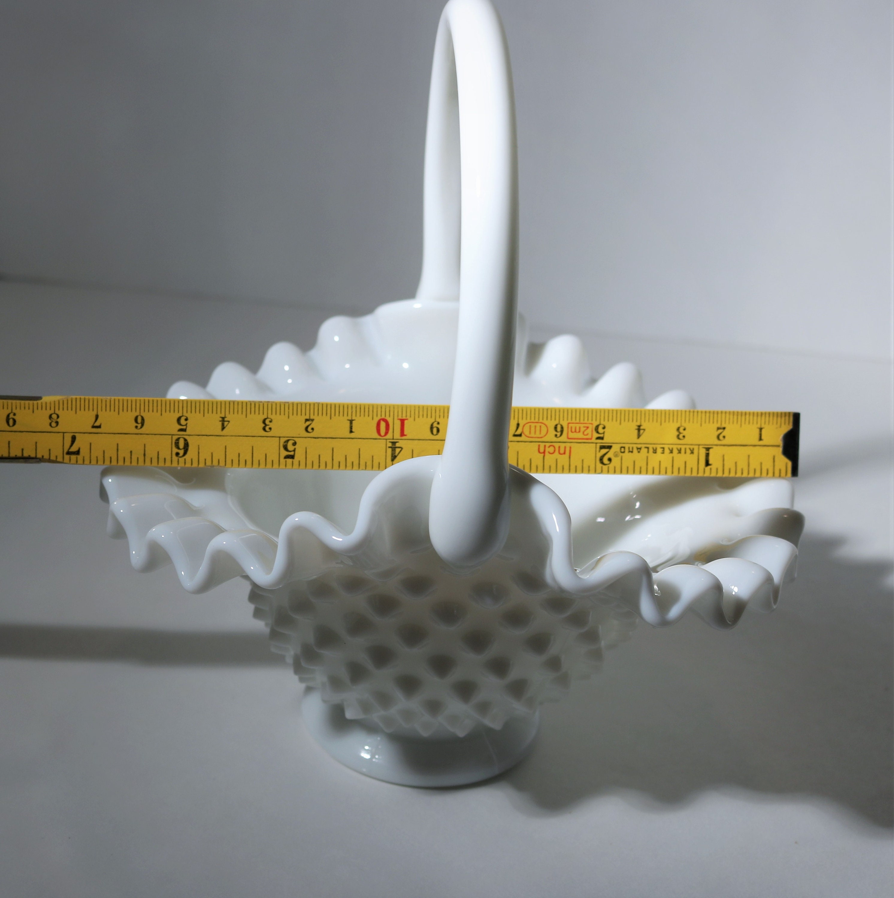 Vintage White Milk Glass with Hobnail Ruffled Basket 7 tall