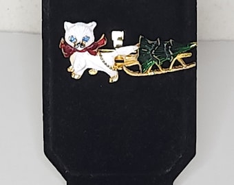 Vintage Gold Tone Cat with Tree on Sled Brooch Pin with Enamel and Rhinestones C-5-59