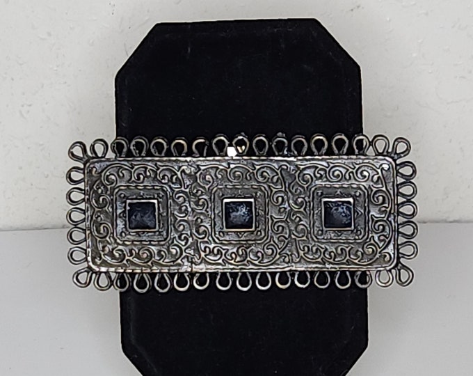 Vintage Gunmetal Tone Rectangle with Filigree and Black Enamel Squares Brooch Pin C-1-67