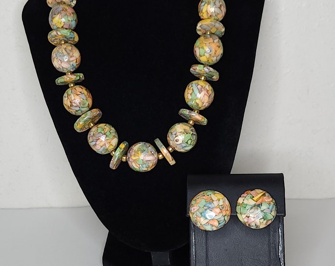 Vintage Multicolor Pastel Shell Chips in Lucite Beads and Gold Tone Spacer Beads Necklace and Matching Earrings Set C-9-71