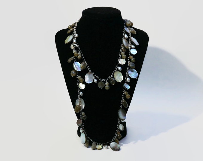 Vintage Abolone Shell, Natural Green Stone Serpentine? and Fresh Water Pearls 40" Necklace