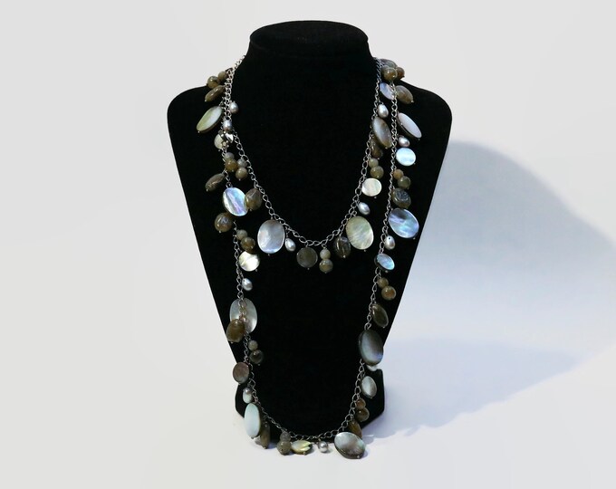 Vintage Abolone Shell, Natural Green Stone Serpentine? and Fresh Water Pearls 40" Necklace