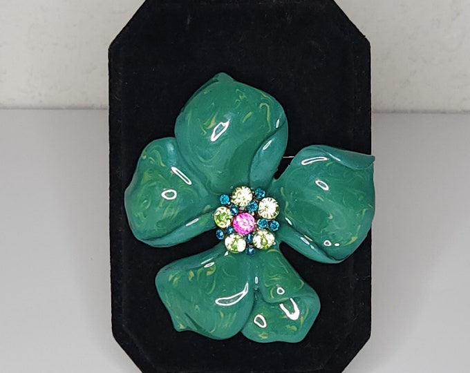 Vintage Kelly Green and Yellow Swirled Enamel Flower with Rhinestones Brooch Pin B-9-58