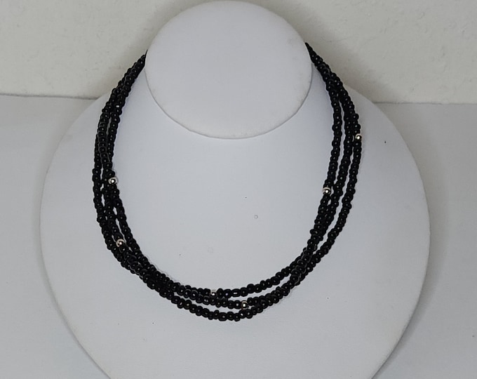 Vintage Silpada Signed Sterling and Onyx Three Strand Beaded Necklace C-6-8