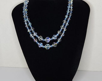 Vintage Two Strand Light Blue and Clear Iridescent Faceted Glass Beaded Necklace C-8-75