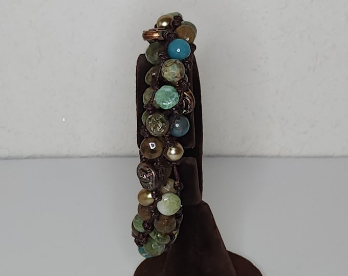 Vintage Real Stone and Pearl Cluster Bracelet with Antiqued Copper Tone Floral Beads B-9-99