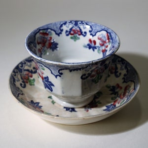 RARE Royal Cauldon Candia Multicolor Flow Blue &quot;Unhandled&quot; Cup and Saucer