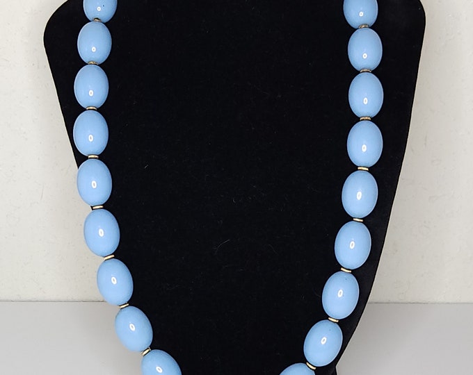 Vintage Light Blue Oval Plastic Beaded Necklace with Gold Tone Spacer Beads D-1-90