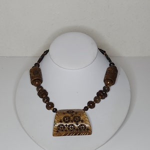 Vintage Carved Bone and Wood Beads Tribal Necklace B-7-36
