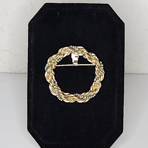Vintage Napier Signed Gold Tone Rope Circle Ring Brooch Pin with Silver Tone Beads C-2-98