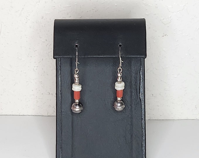 Vintage Sterling Silver, MOP, and Coral Beaded Dangle Earrings D-4-100