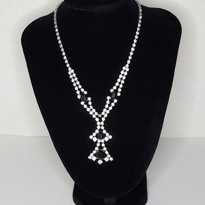Vintage Silver Tone and Clear Rhinestone Cup Chain Necklace with Rectangle Black Accents B-6-89
