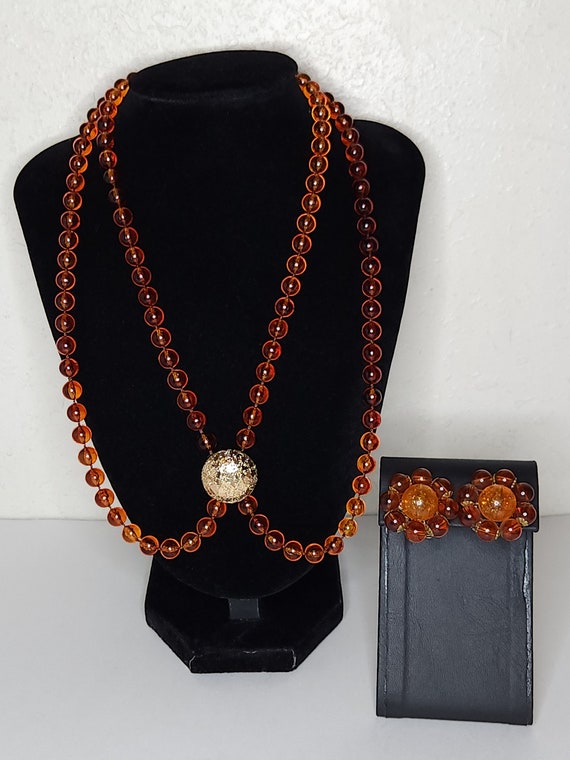 Vintage Orange Beaded Necklace and Clip-On Earrin… - image 1