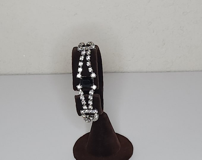 Vintage Silver Tone and Clear Rhinestone Cup Chain Bracelet with Large Black Rectangular Rhinestone B-9-4