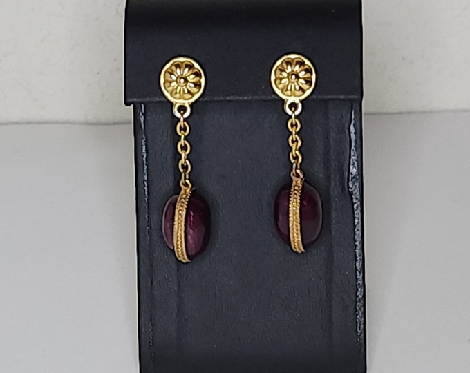 Vintage Liz Claiborne Signed Gold Tone and Purple Oval Drop Earrings C-6-39