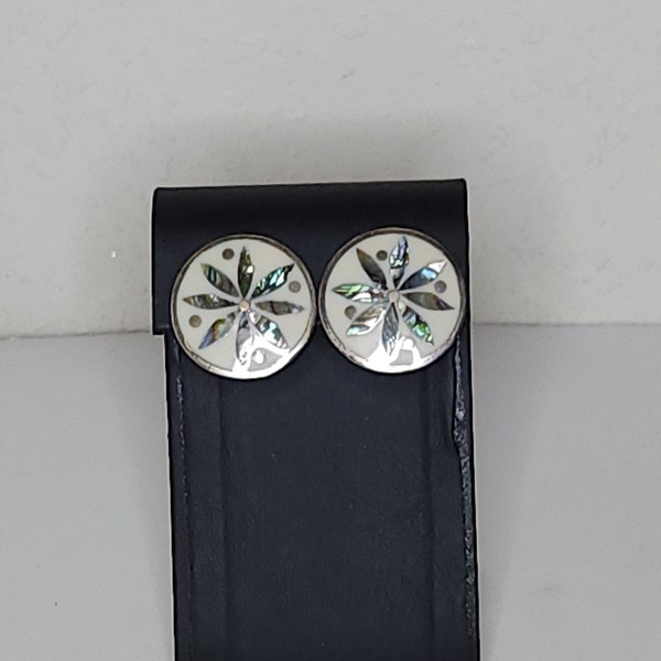 Vintage Alpaca Mexico Marked Silver Tone and Abalone Flower Clip-On Earrings C-7-21