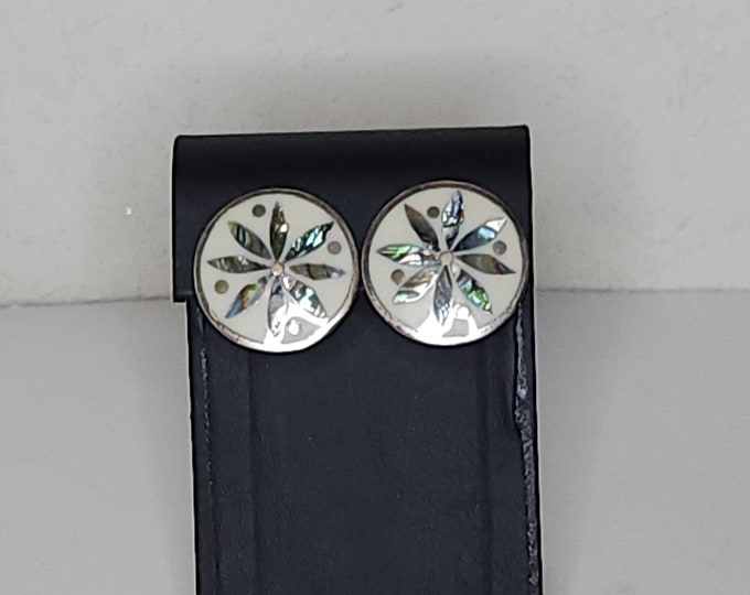 Vintage Alpaca Mexico Marked Silver Tone and Abalone Flower Clip-On Earrings C-7-21