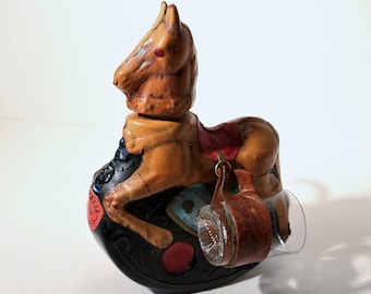 Extremely RARE Casa Vento Vino Rosso LEATHER Covered Horse Shaped Wine Bottle/ Decanter w/Glasses